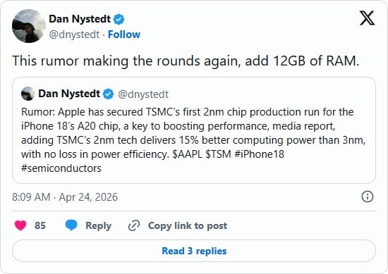 iPhone 18 เตรียมอัปเกรด RAM 12GB รองรับ Apple Intelligence เต็มสูบ